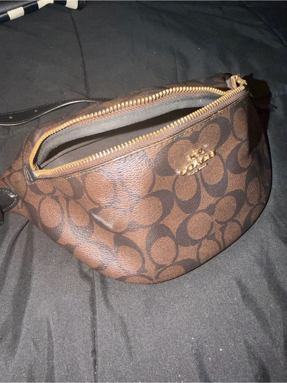 Coach Brown Signature Canvas Belt Bag with Black Strap